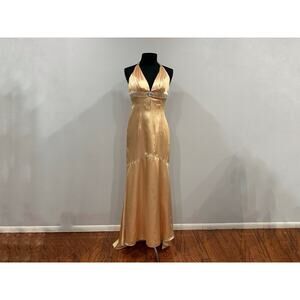 Mori Lee Light Gold Satin Vintage VTG Halterneck Gown Dress 13/14